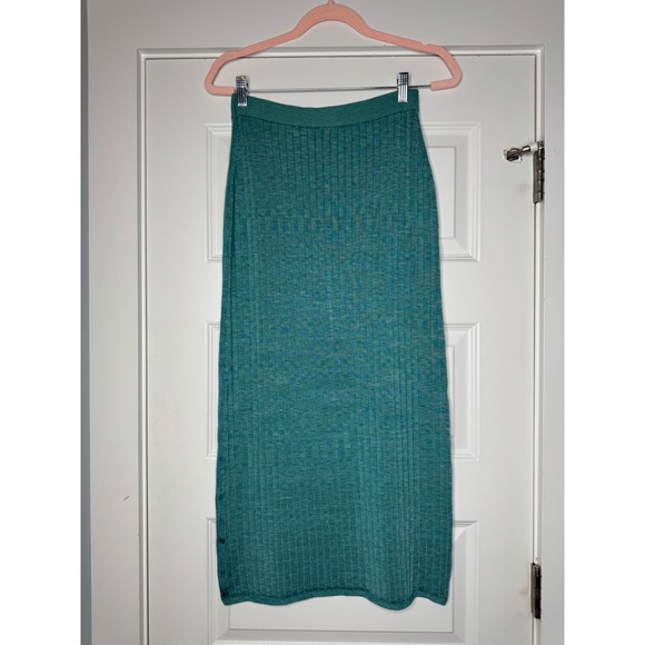 FREE PEOPLE Women Skyline Ribbed Midi Skirt Slit Sz M Teal Casual Stretchy - Picture 2 of 6